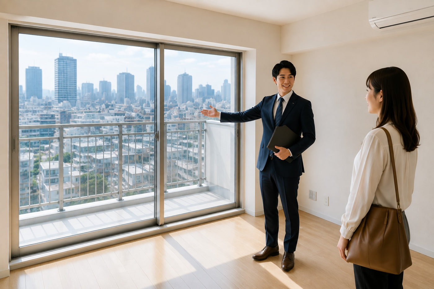 眺めのよい住まいを内見するお客様と担当者