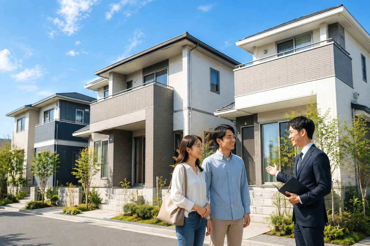 戸建住宅の前で購入の相談をするご家族と担当者